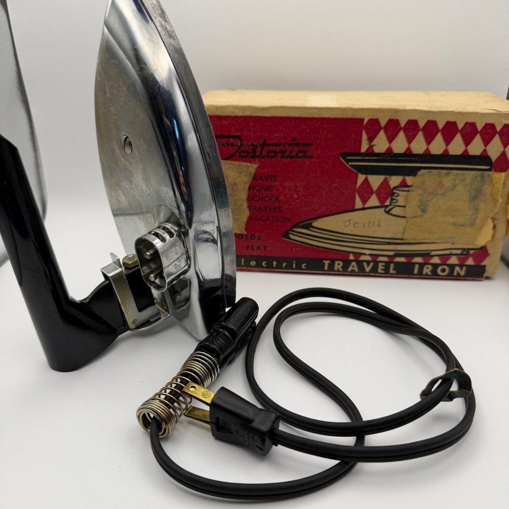 Fostoria Electric Travel Iron Vintage OS Silver/Black Good Folding‎ Model 33119